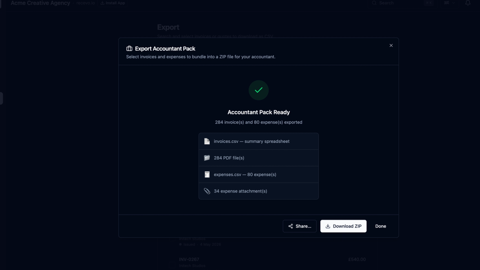 recevo.io export screen showing invoice PDFs, expense attachments, and CSV files prepared for Making Tax Digital record keeping.