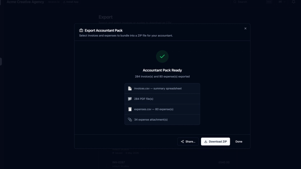 recevo.io export screen showing invoice PDFs, expense attachments, and CSV files prepared for Making Tax Digital record keeping.