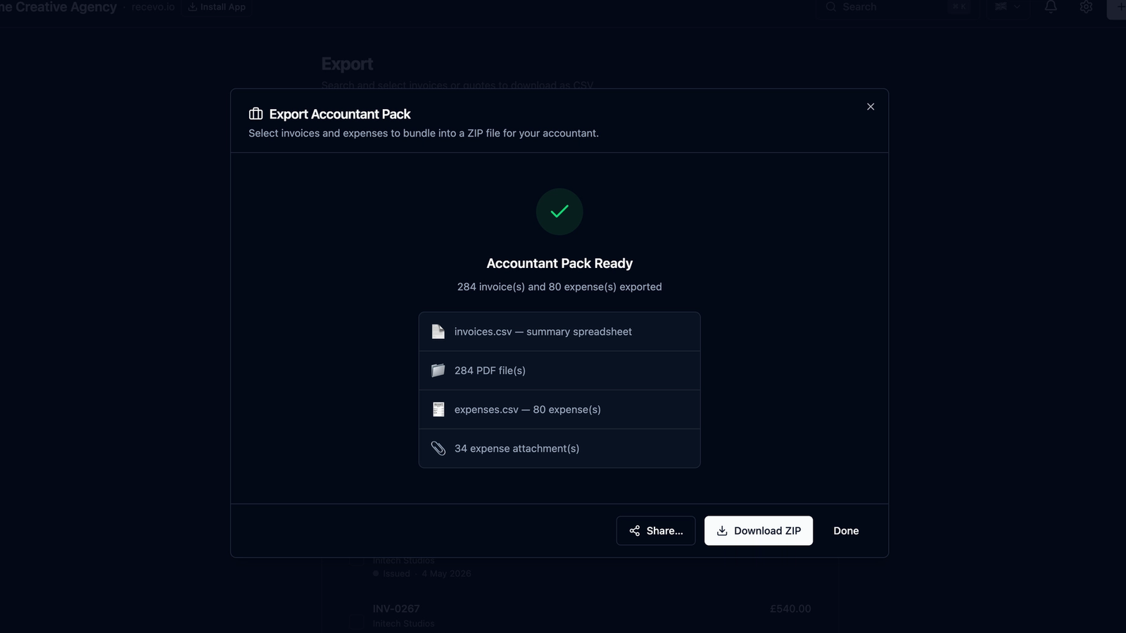 recevo.io export screen showing invoice PDFs, expense attachments, and CSV files prepared for Making Tax Digital record keeping.