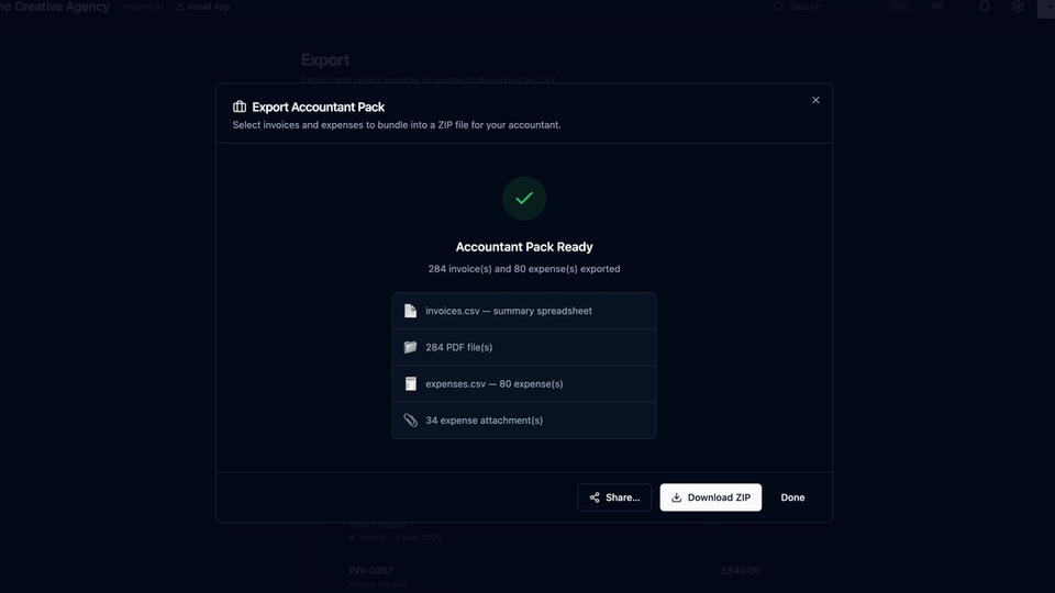 recevo.io export screen showing invoice PDFs, expense attachments, and CSV files prepared for Making Tax Digital record keeping.