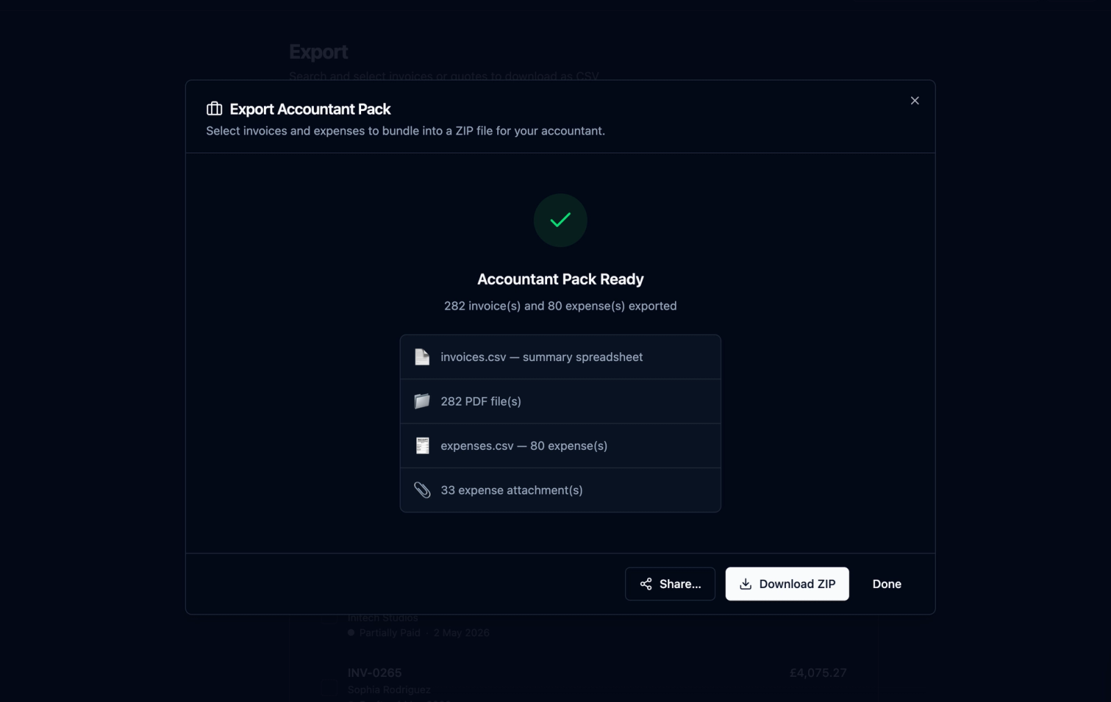recevo.io Accountant Pack export screen showing invoice PDFs, expense attachments, and CSV spreadsheets being made available as a ZIP file.