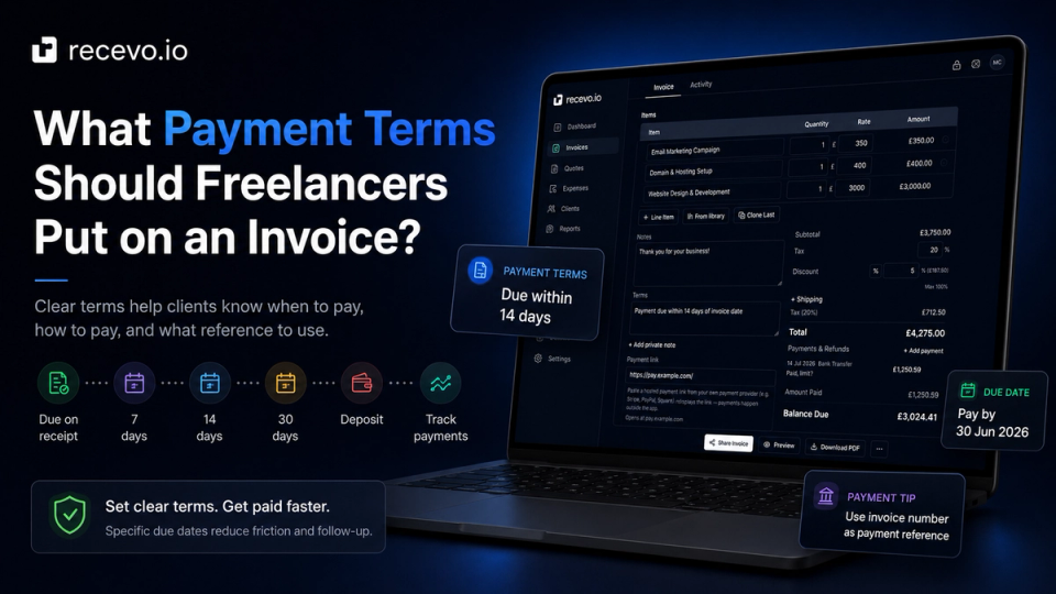 recevo.io blog cover showing the headline ‘What Payment Terms Should Freelancers Put on an Invoice?’ alongside the invoice builder interface, with callouts for payment terms, due date, and payment reference guidance.