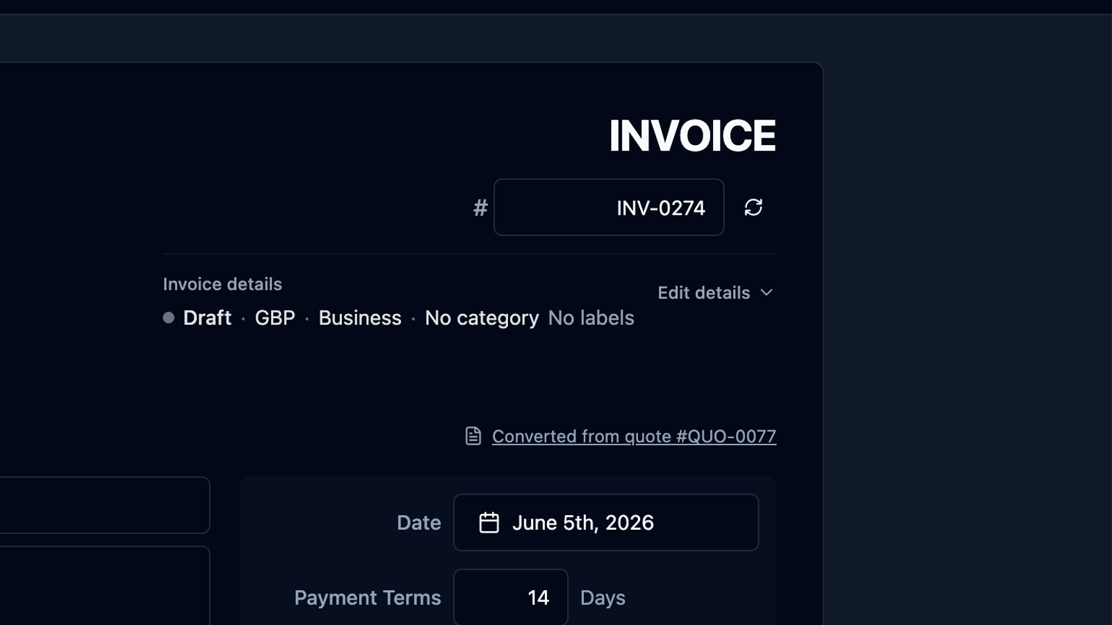 Invoice builder in recevo.io featuring invoice number