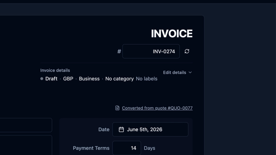 Invoice builder in recevo.io featuring invoice number