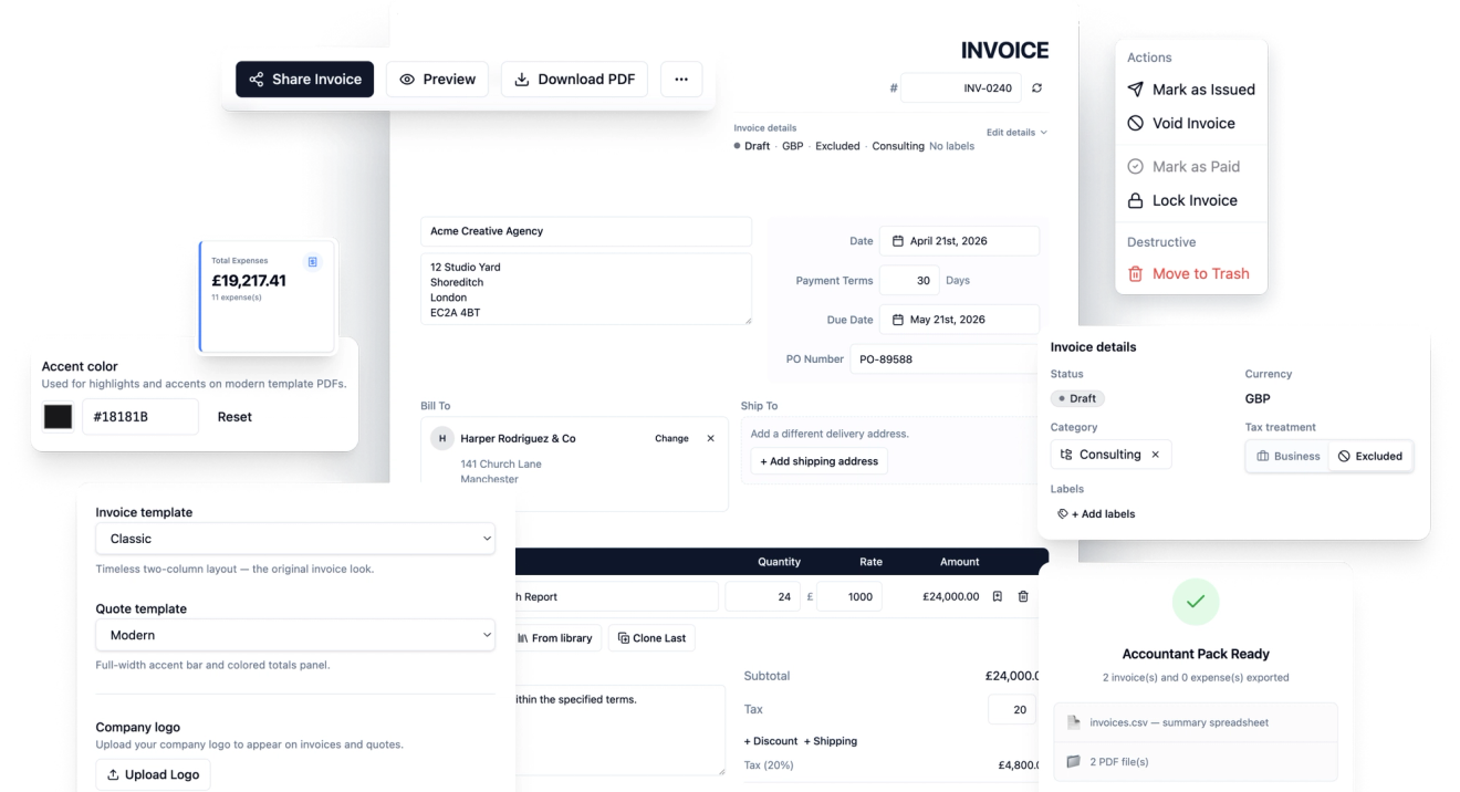 The recevo.io invoice editor with customer and payment terms, line items, a status actions menu, branding settings and an Accountant Pack Ready summary