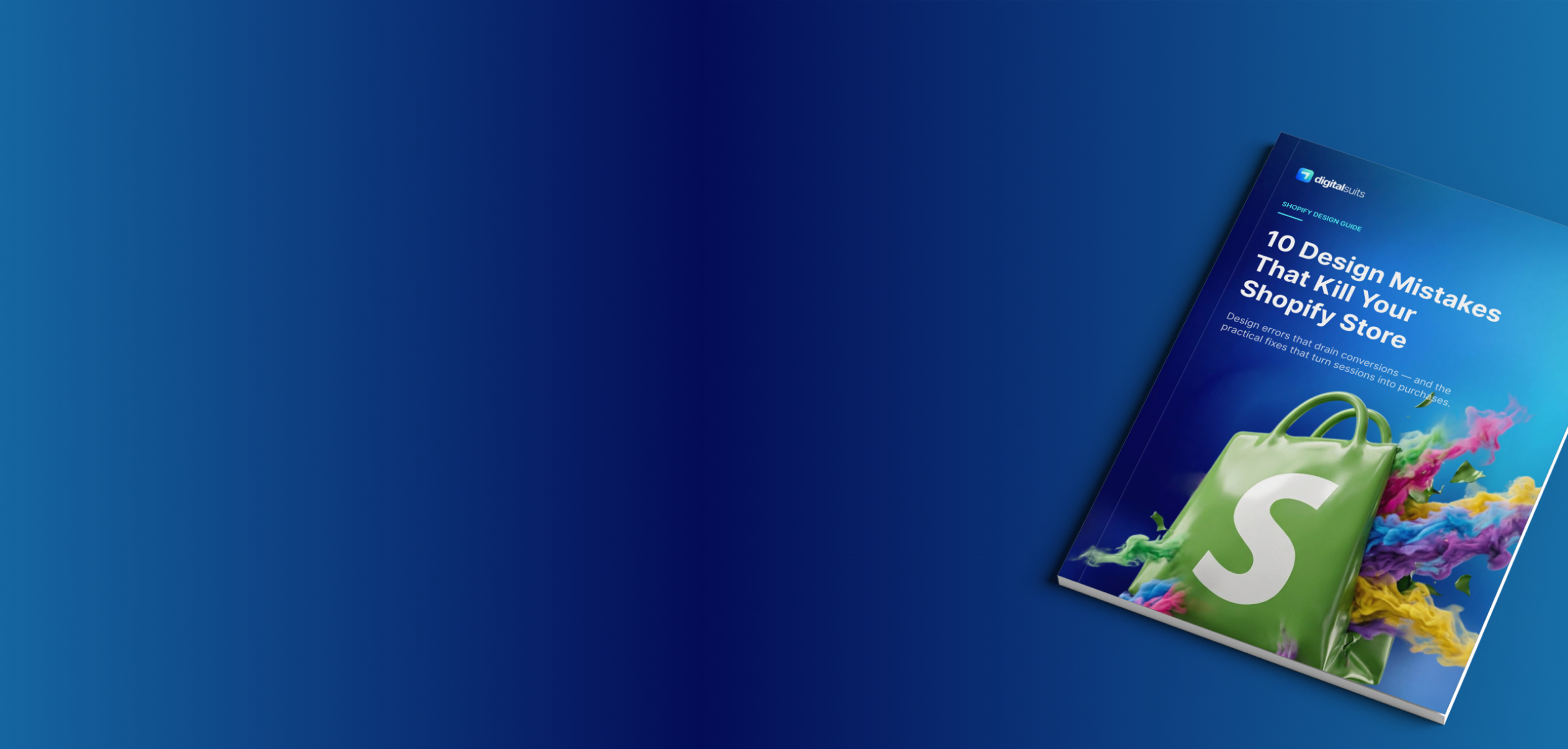 The "10 Design Mistakes That Kill Your Shopify Store" guide on a blue background