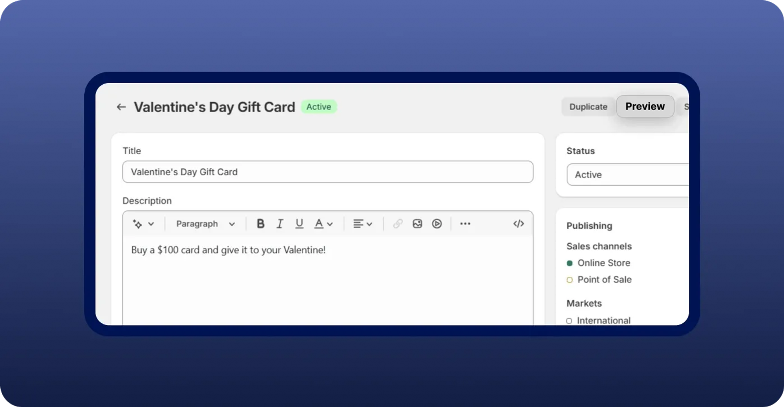 Click “Preview” to see the overall look of your gift card in Shopify