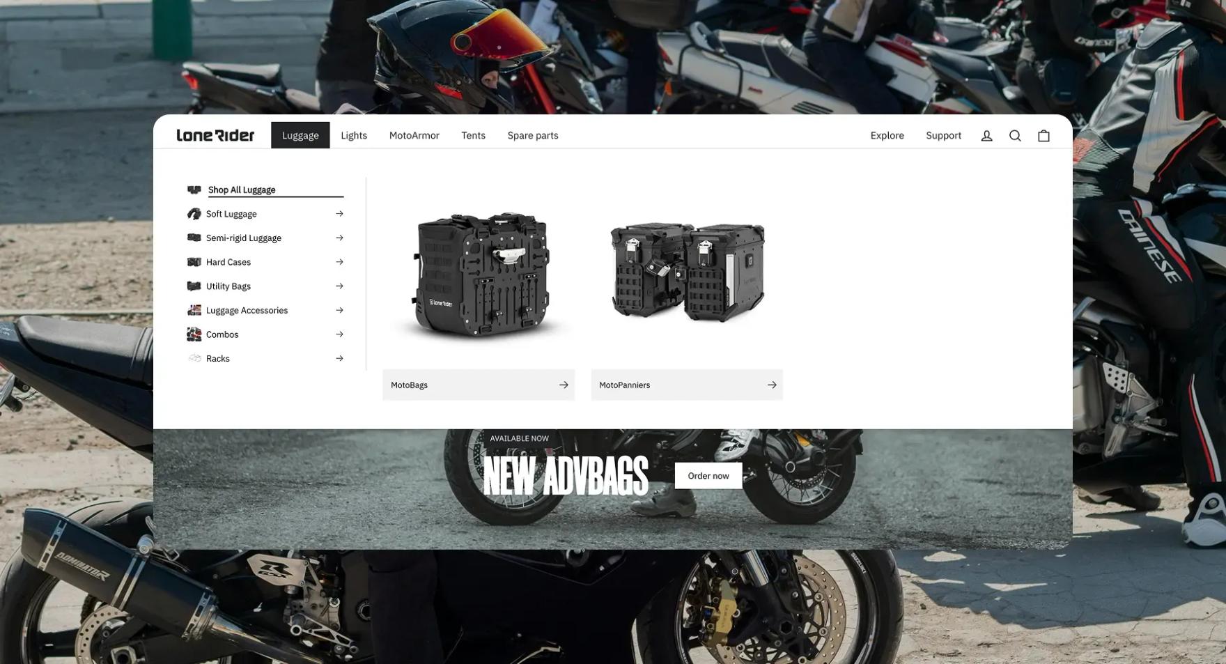 Homepage and navigation solutions for Motorcycle-Focused equipment Shopify store Homepage and navigation solutions for Motorcycle-Focused equipment Shopify store