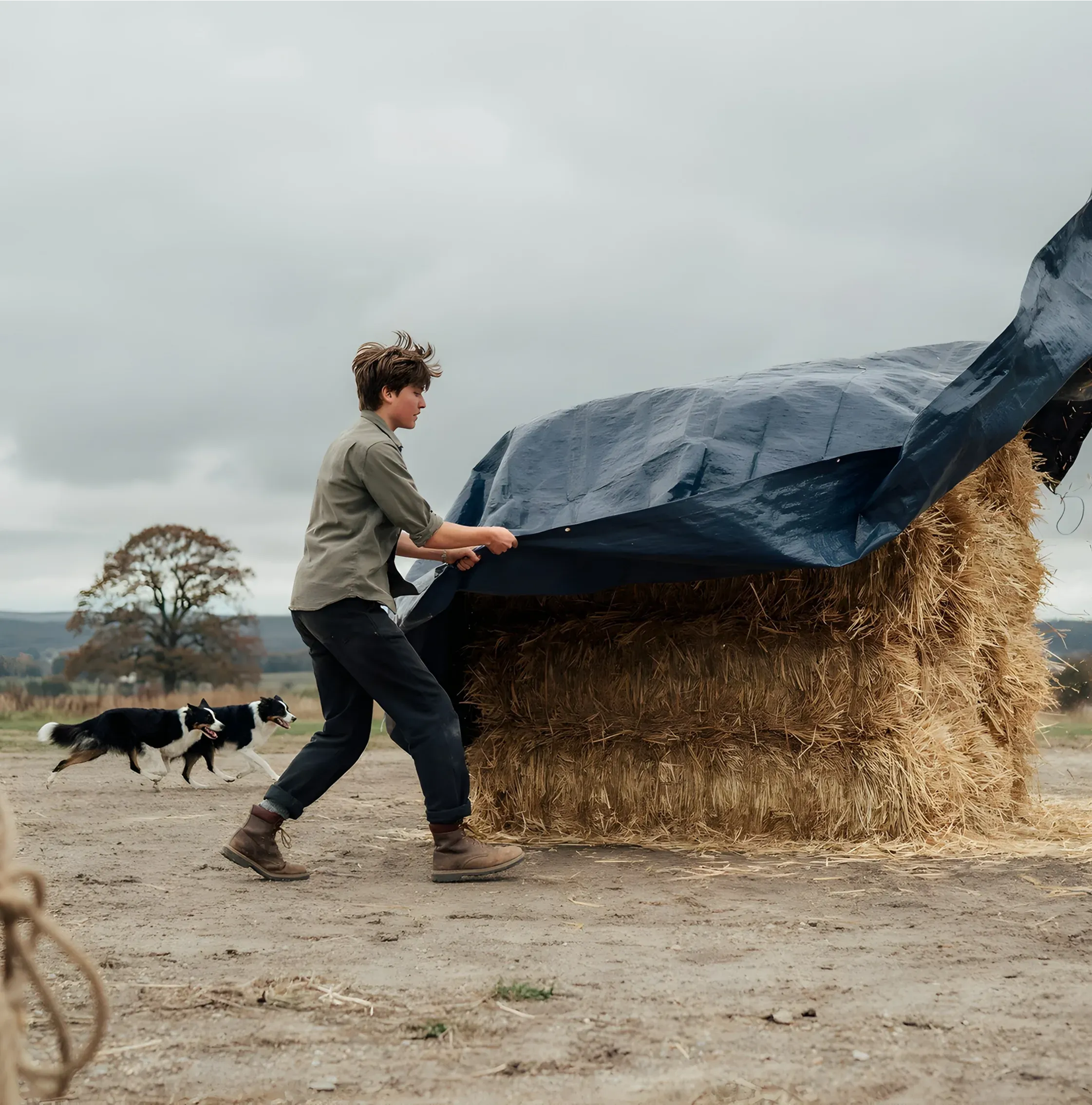 Farm worker covering hay bales with a tarp Farm worker covering hay bales with a tarp