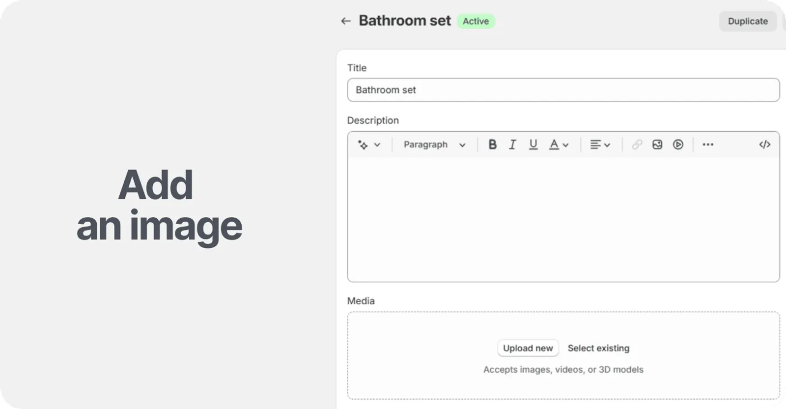 Add an image for your new bundle in the Products section of the Shopify admin