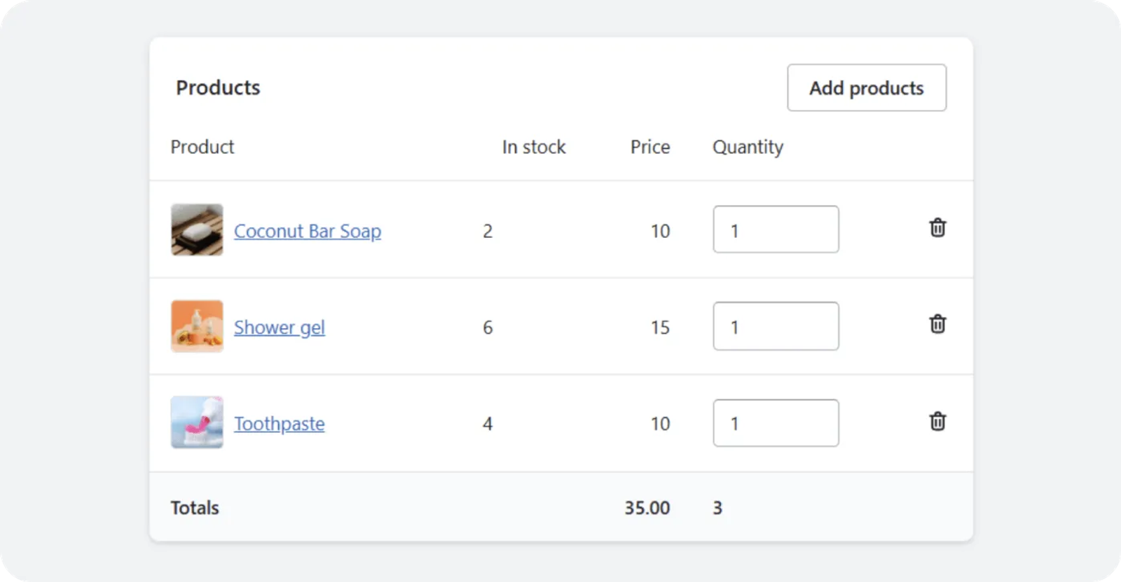 Add products and set quantity for each unit