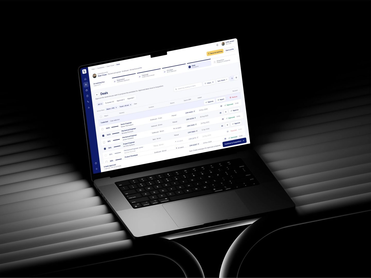Synsel recruiting platform on a laptop: the Deals screen of the AI matching flow with candidate-to-vacancy match scores and approve or reject actions