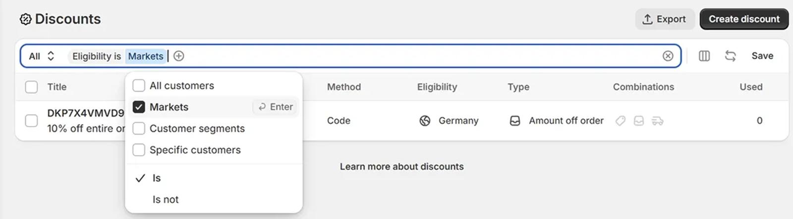 Market and customer filters on the discounts list