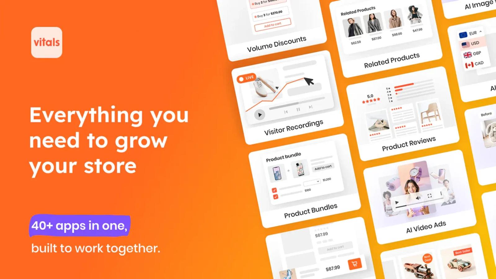 Vitals Shopify app for a bunch of marketing tools in a single app