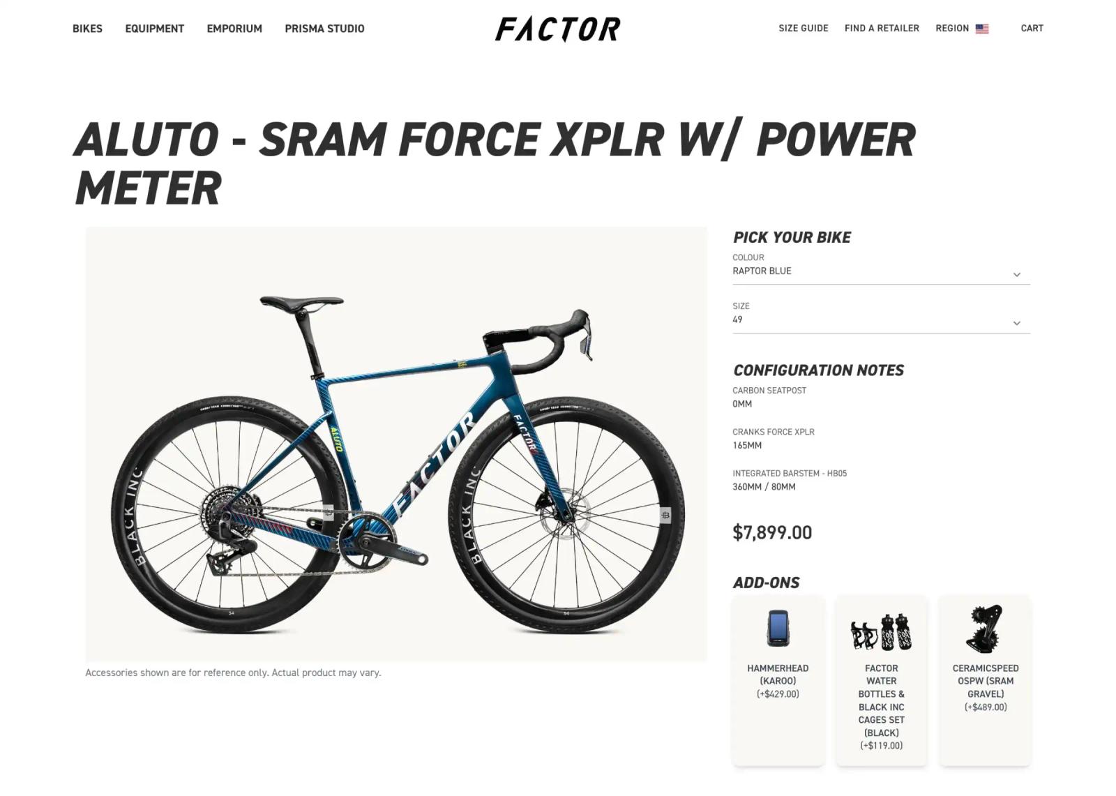 Factor Bikes product page with a real-time configurator
