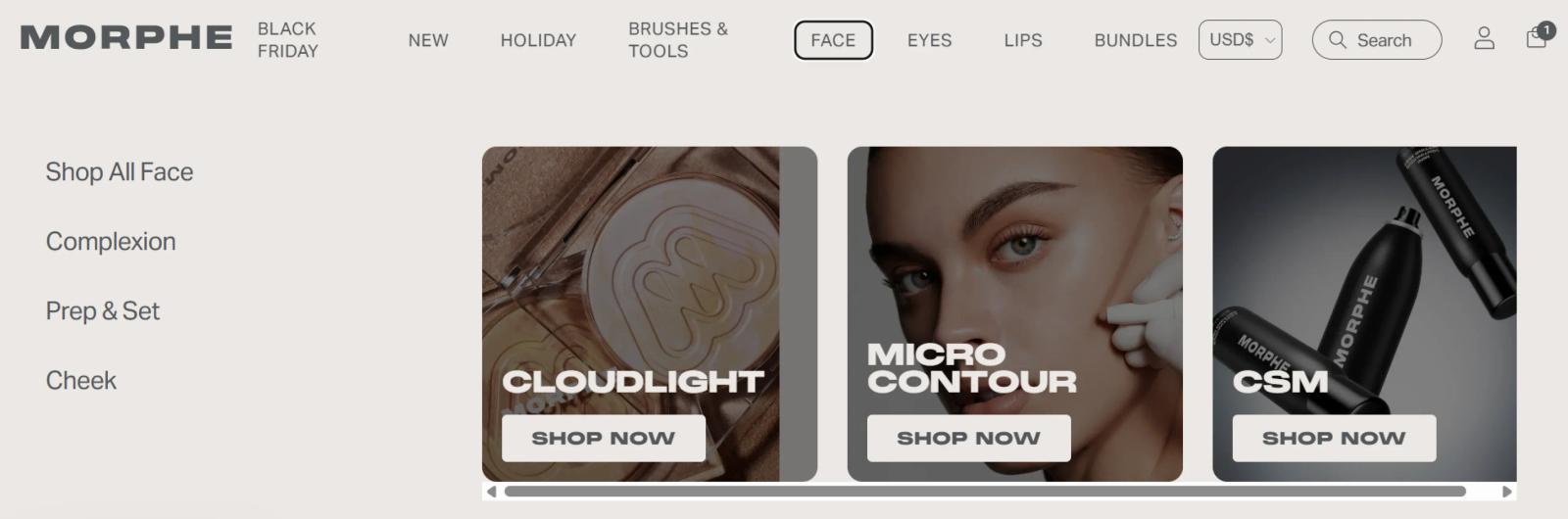 Morphe offers to purchase products right from the menu