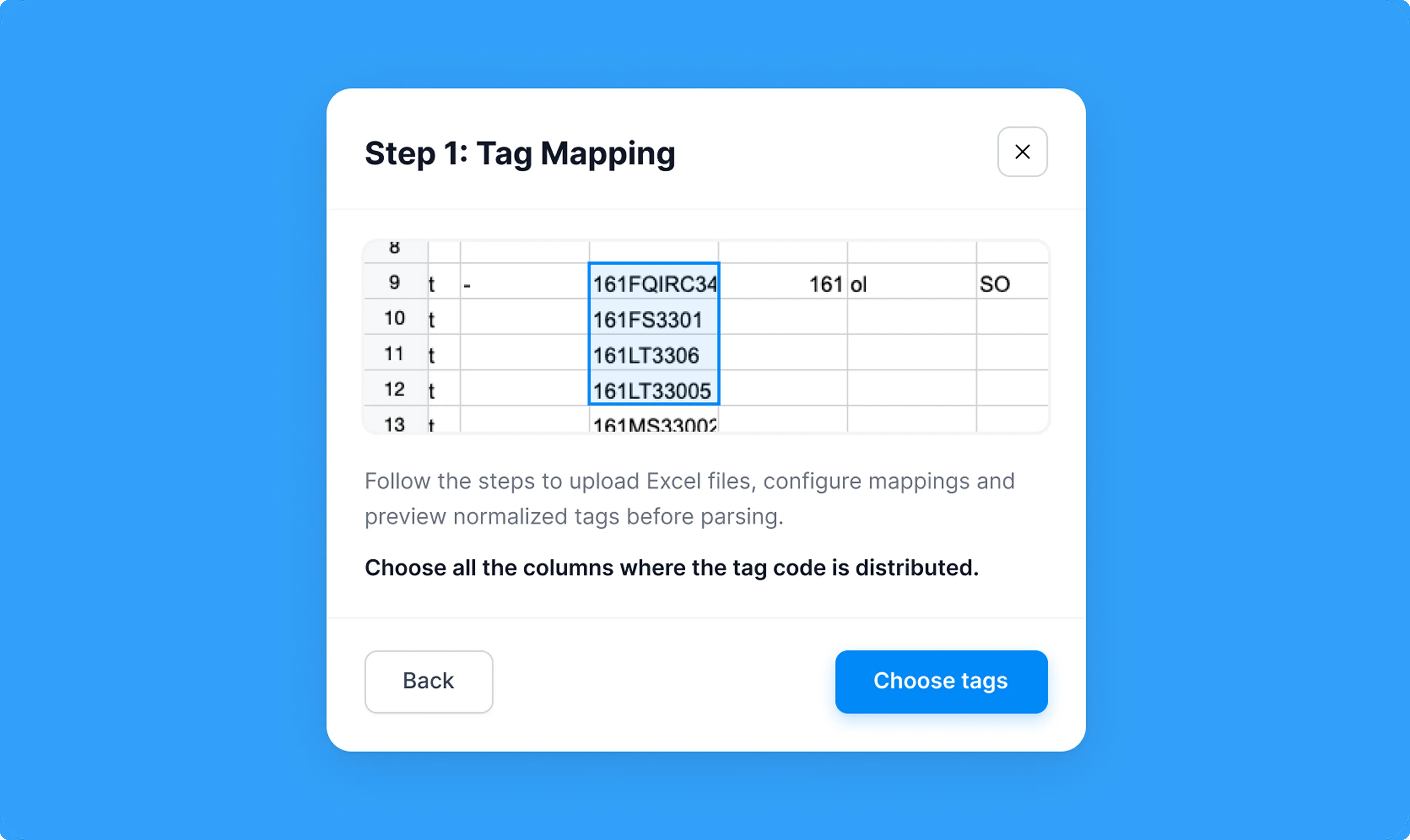 Excel tag mapping interface with selected columns