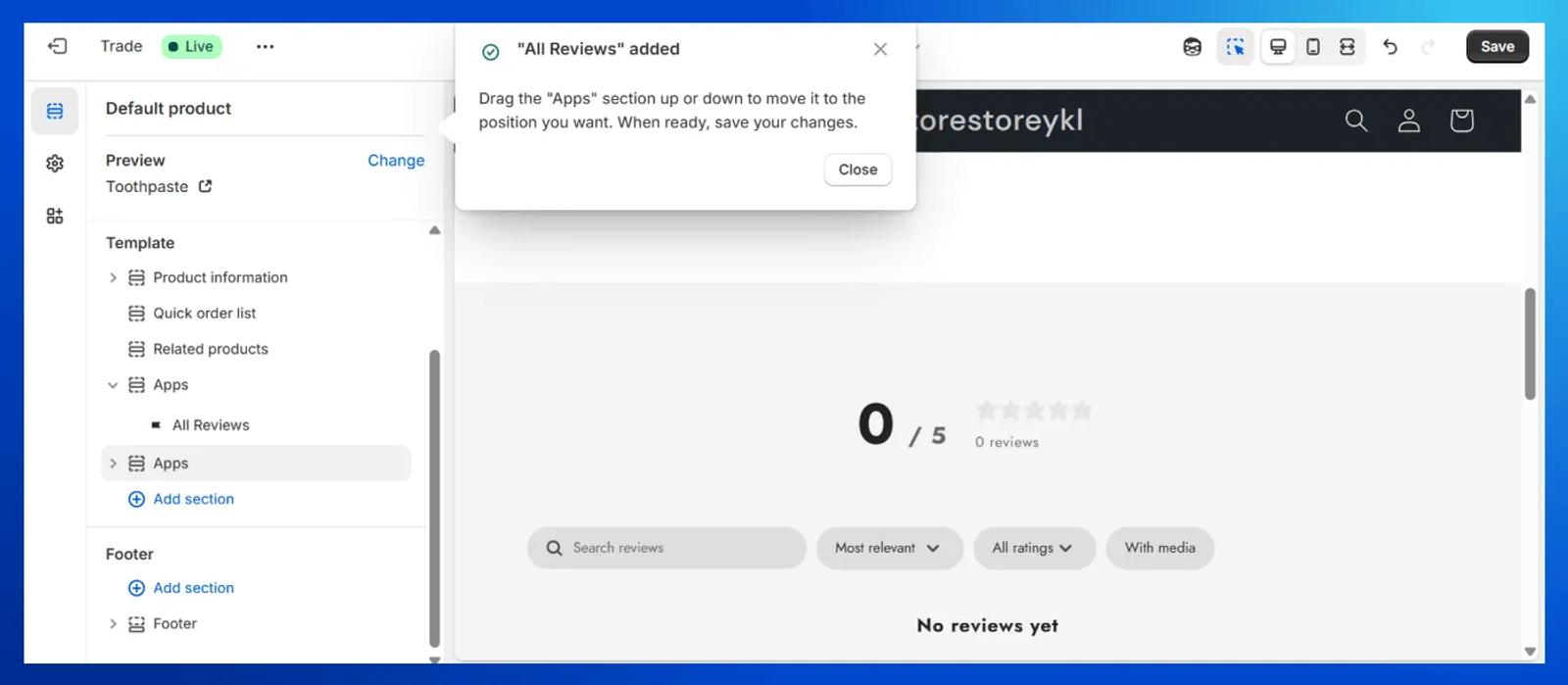 Add Klaviyo widget in Shopify editor