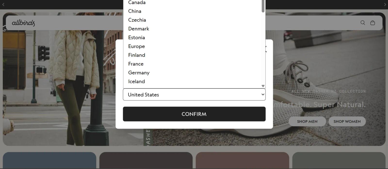 Allbirds country selector on Shopify Hydrogen