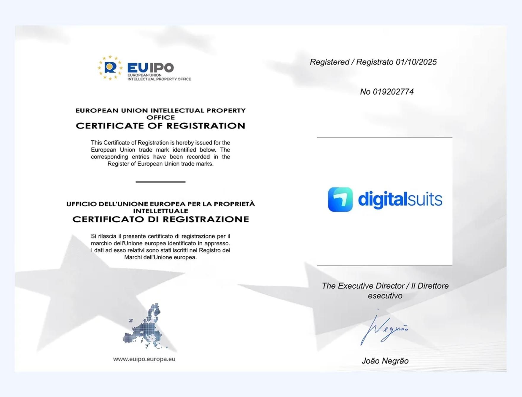 DigitalSuits' EUIPO Certificate of Registration