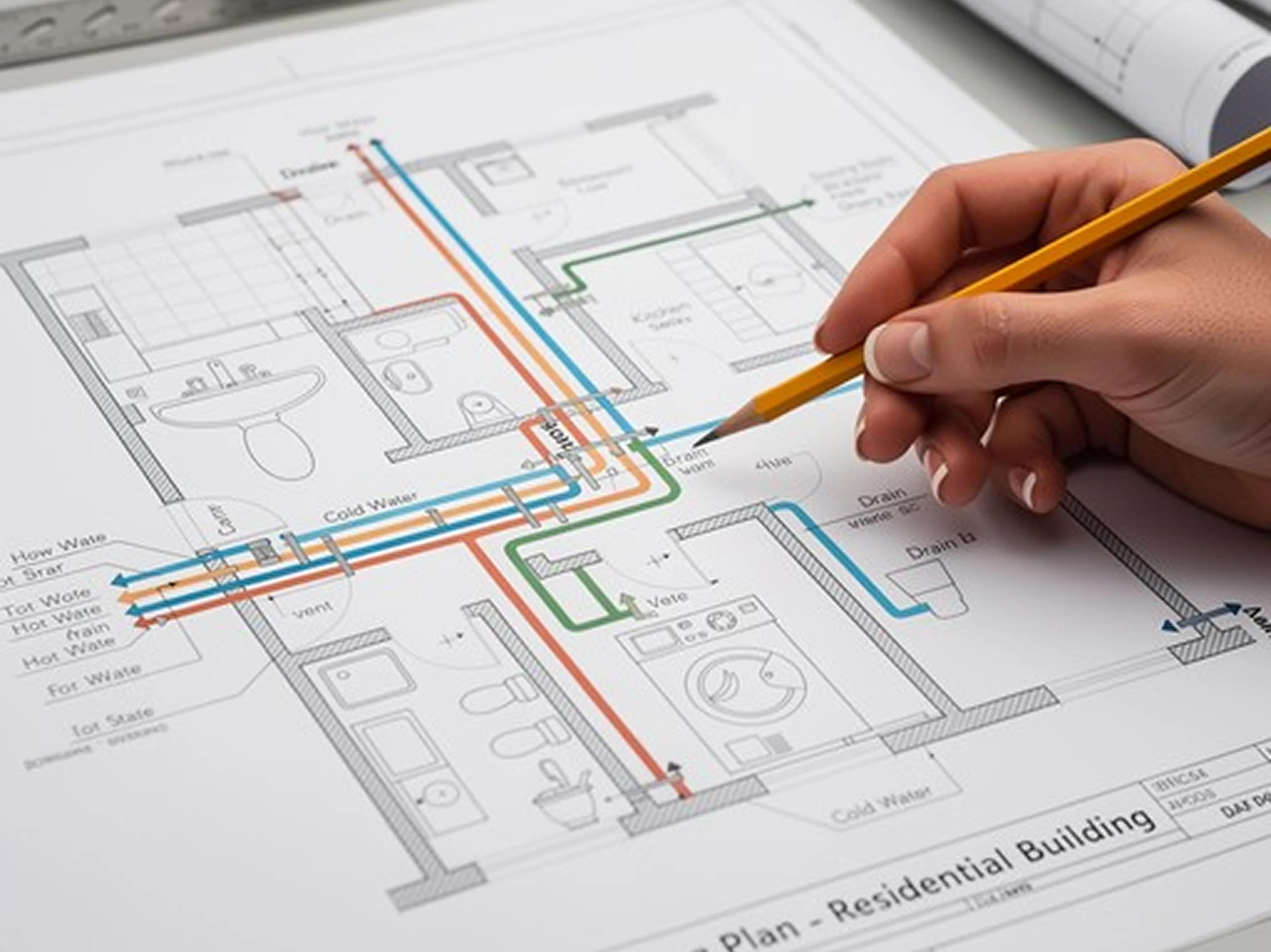 Hand reviewing a technical plumbing blueprint Hand reviewing a technical plumbing blueprint