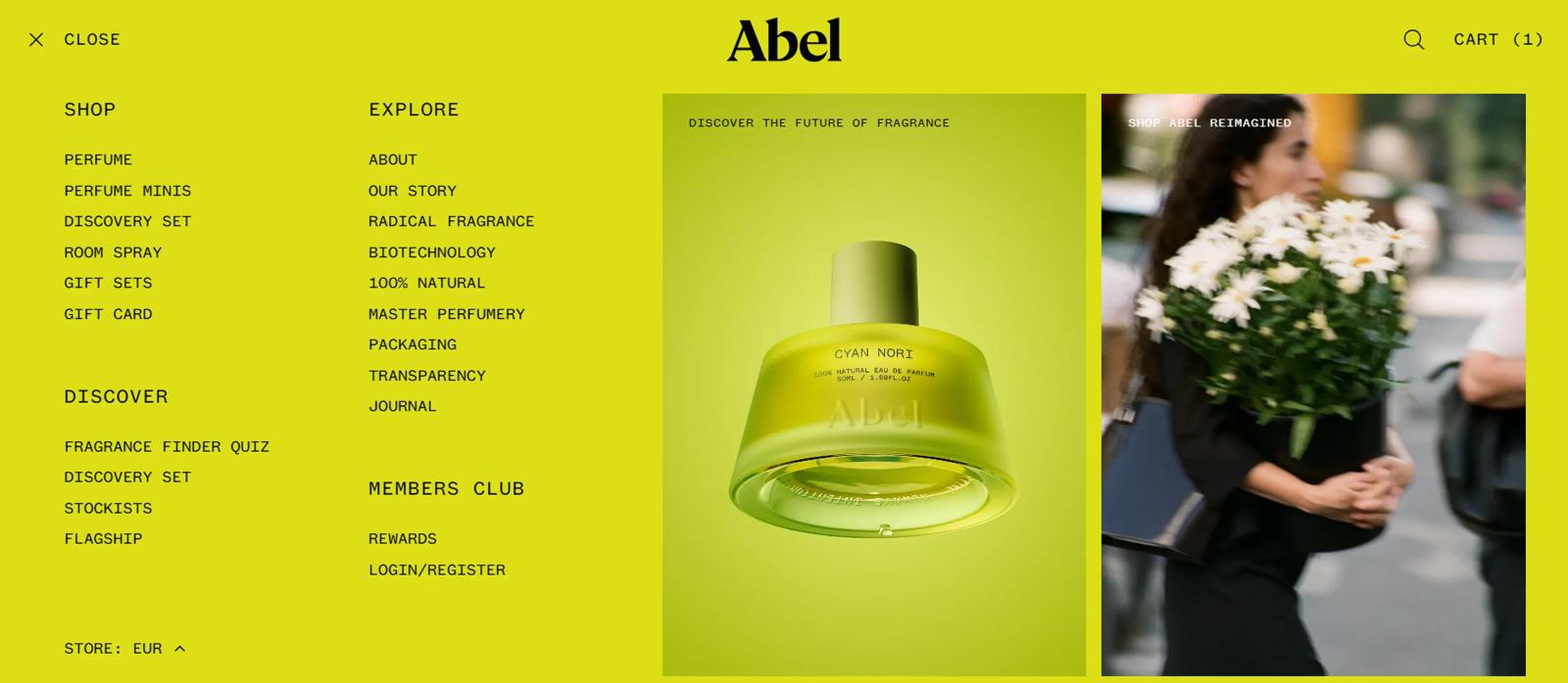 Abel's menu reveals all website categories
