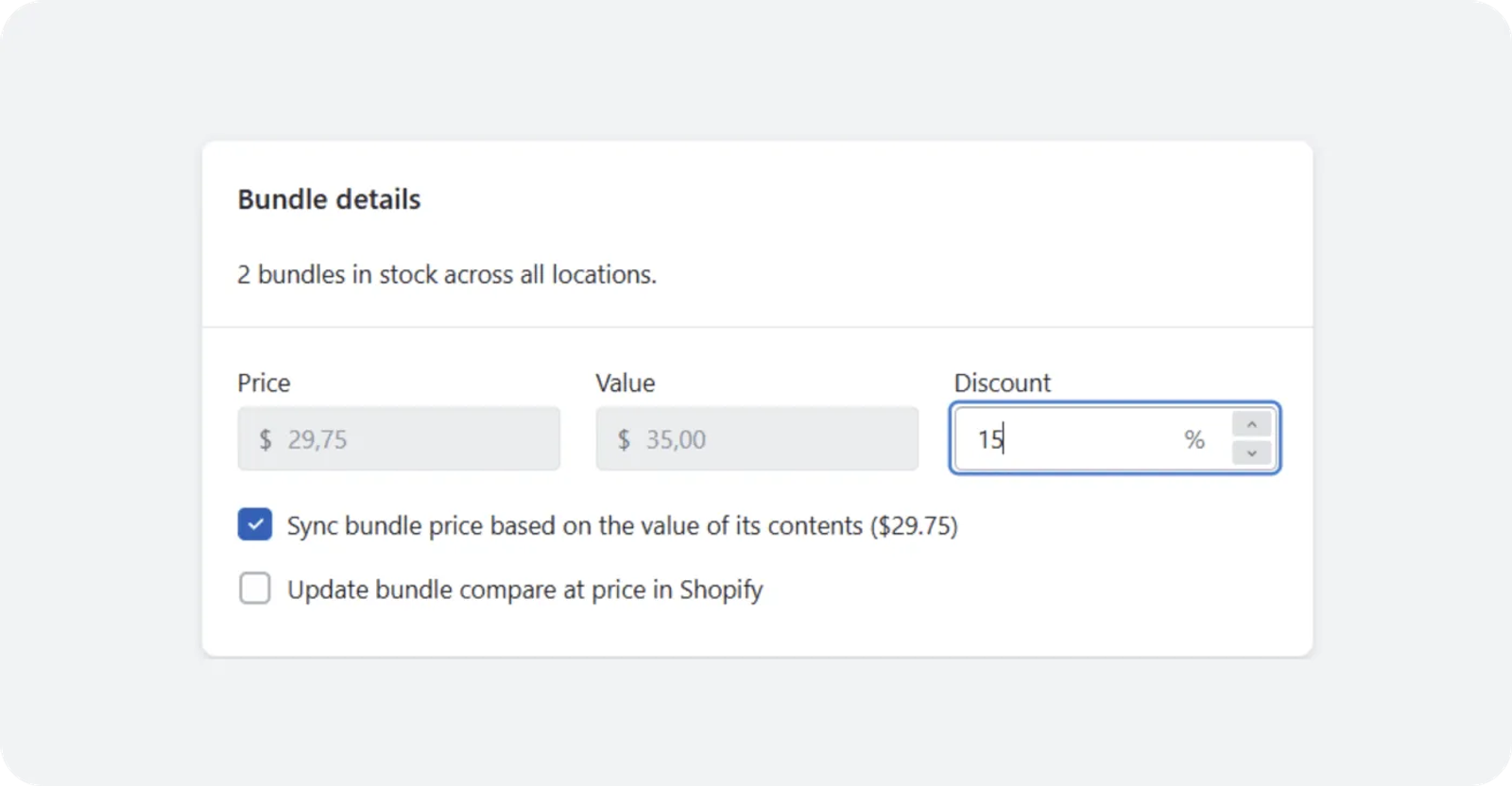 Set a fixed bundle price or a discount synced with the prices of each unit