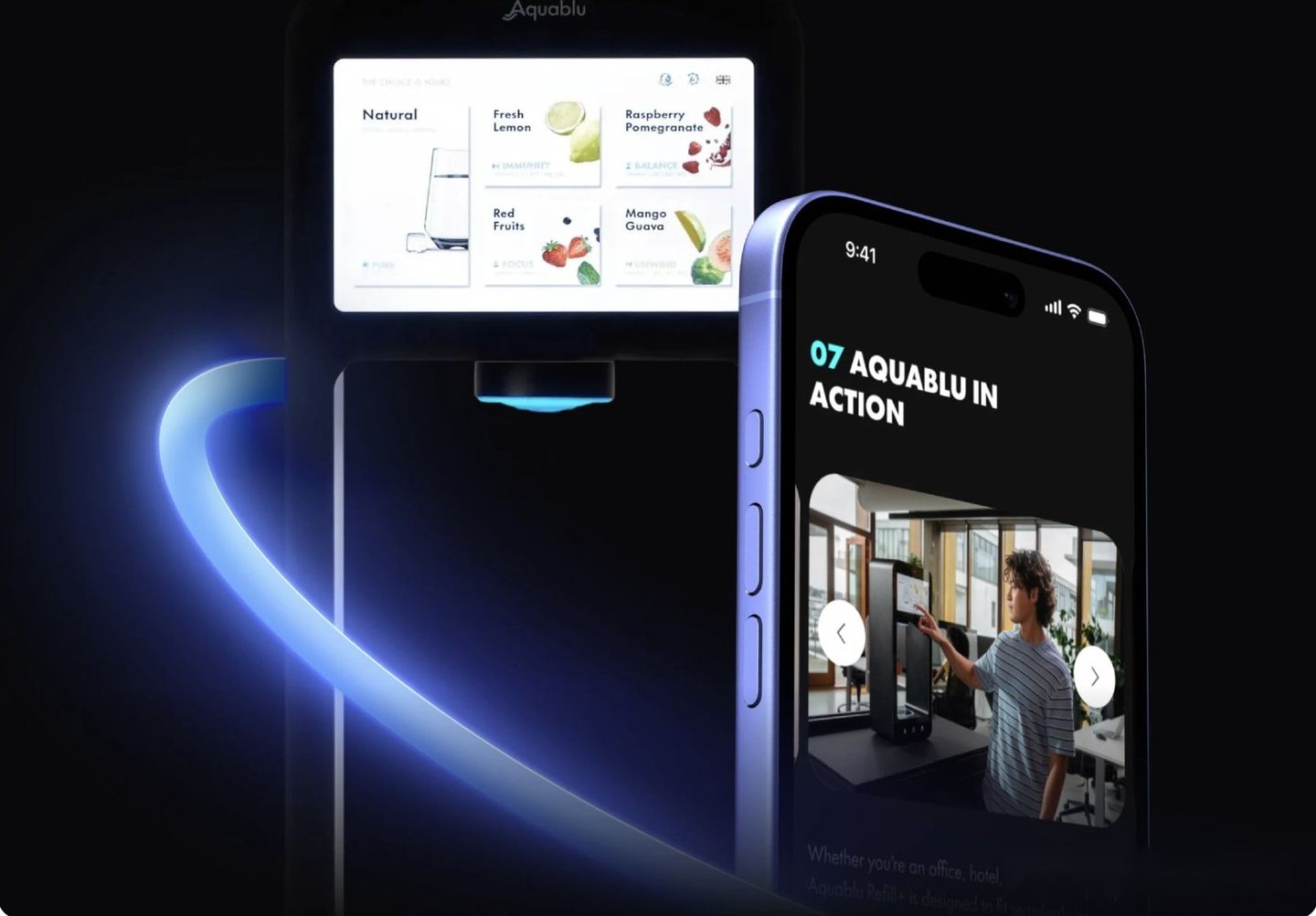 Aquablu refill device with its touchscreen menu and the Aquablu app on a phone Aquablu refill device with its touchscreen menu and the Aquablu app on a phone