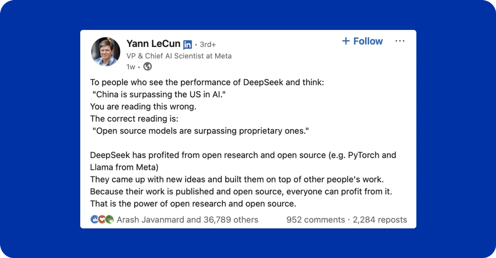 Yann LeCun about DeppSeek in LinkedIn