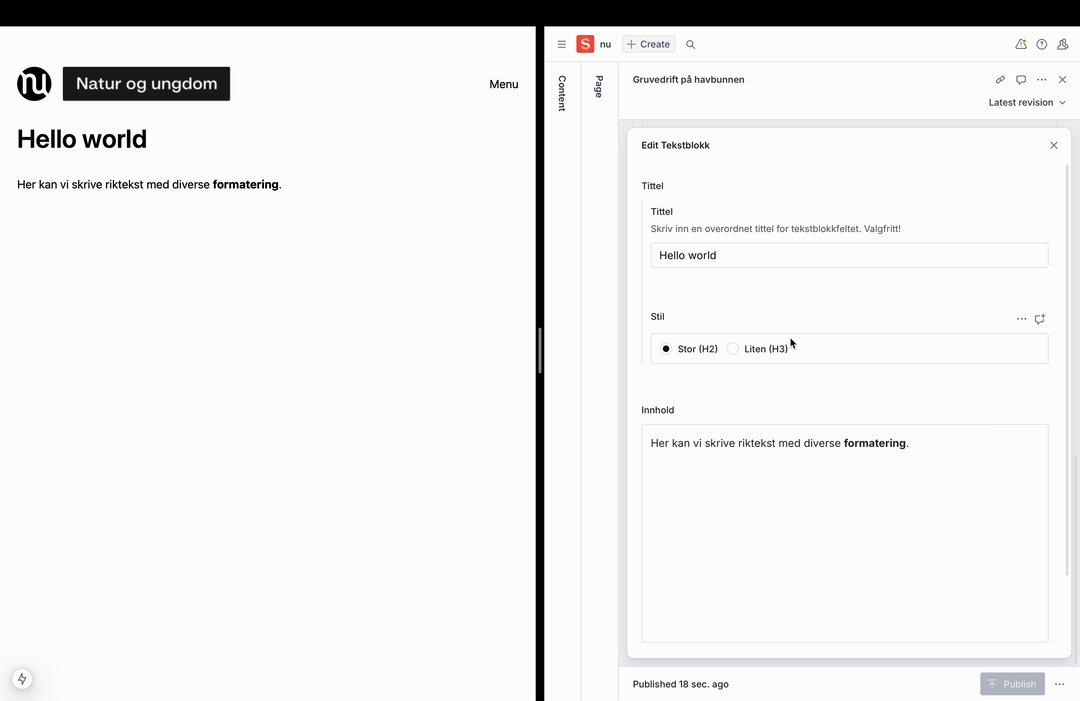 Her kan vi se sanntidsoppdatering fungere i Sanity og i nettleseren.