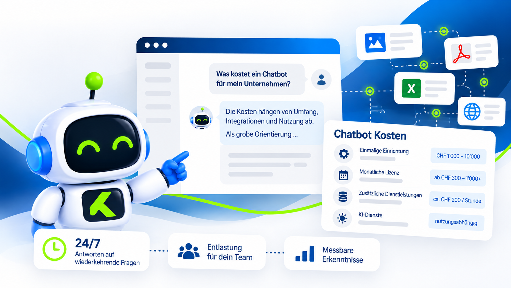 Illustration eines modernen KI-Chatbots von Apptiva Klar mit Chat-Oberfläche, Wissensquellen und Kostenübersicht. Der Chatbot zeigt, welche Faktoren die Chatbot Kosten für Unternehmen beeinflussen, darunter Einrichtung, monatliche Lizenz, zusätzliche Dienstleistungen und nutzungsabhängige KI-Dienste.