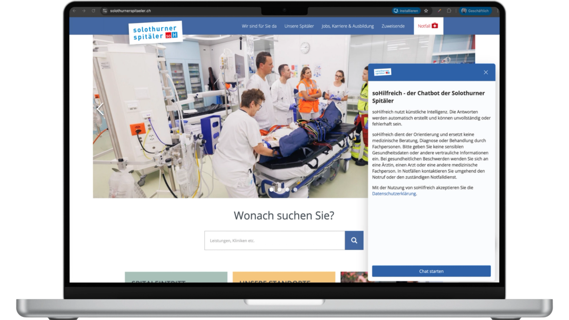 Der KI-Chatbot von Apptiva unterstützt Besucher der Solothurner Spitäler rund um die Uhr mit sicheren Informationen zu Standorten, Angeboten und Besuchszeiten.