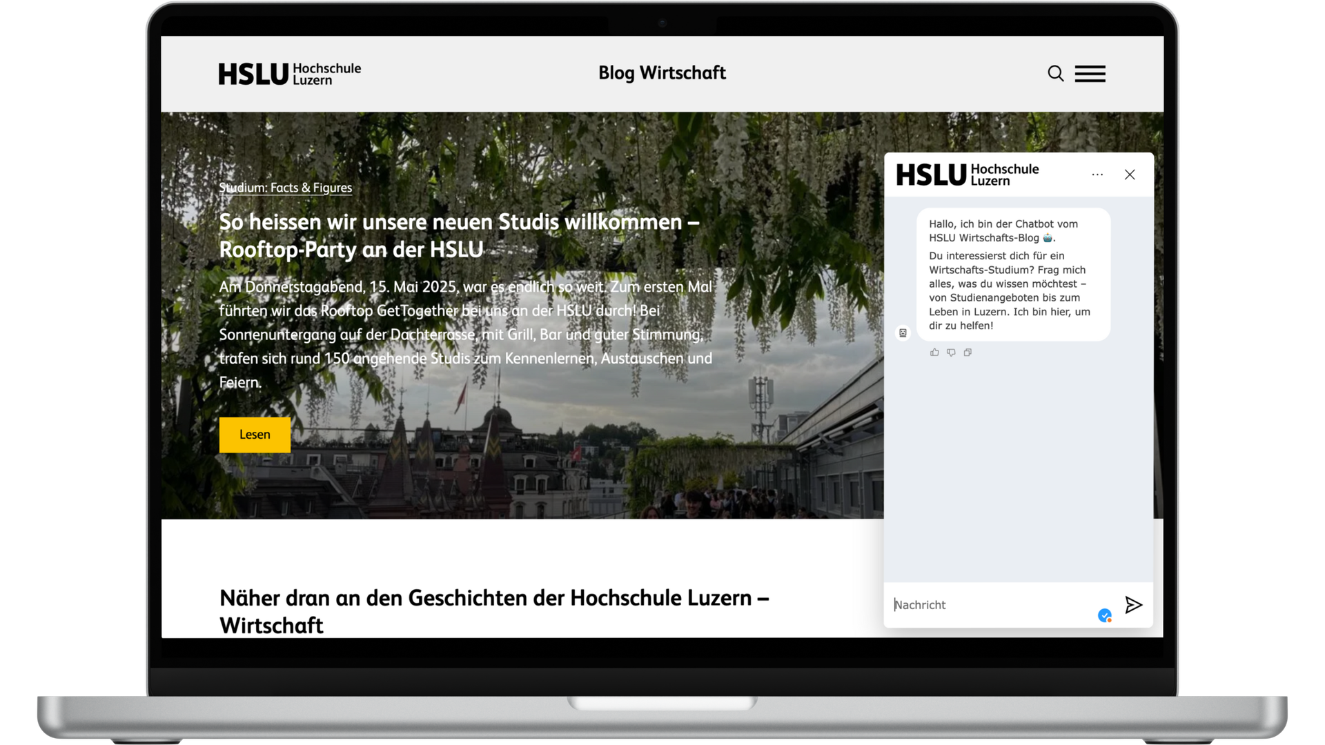 Chatbot in Action auf der HSLU Webseite.