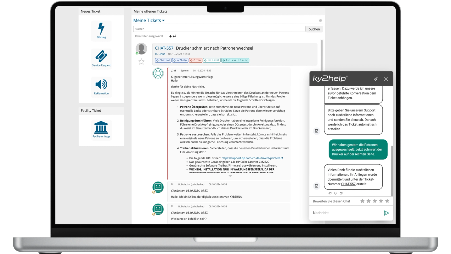 Hier sieht man den Chatbot von der Integration von Apptiva Klar in ky2help®.