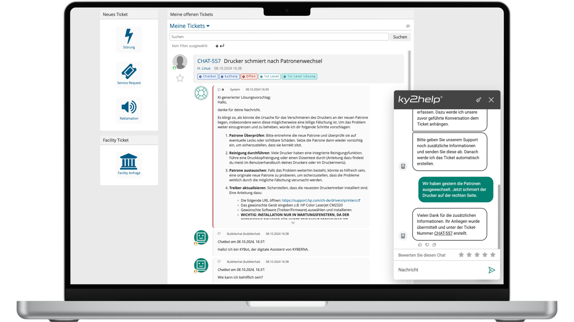 Hier sieht man den Chatbot von der Integration von Apptiva Klar in ky2help®.