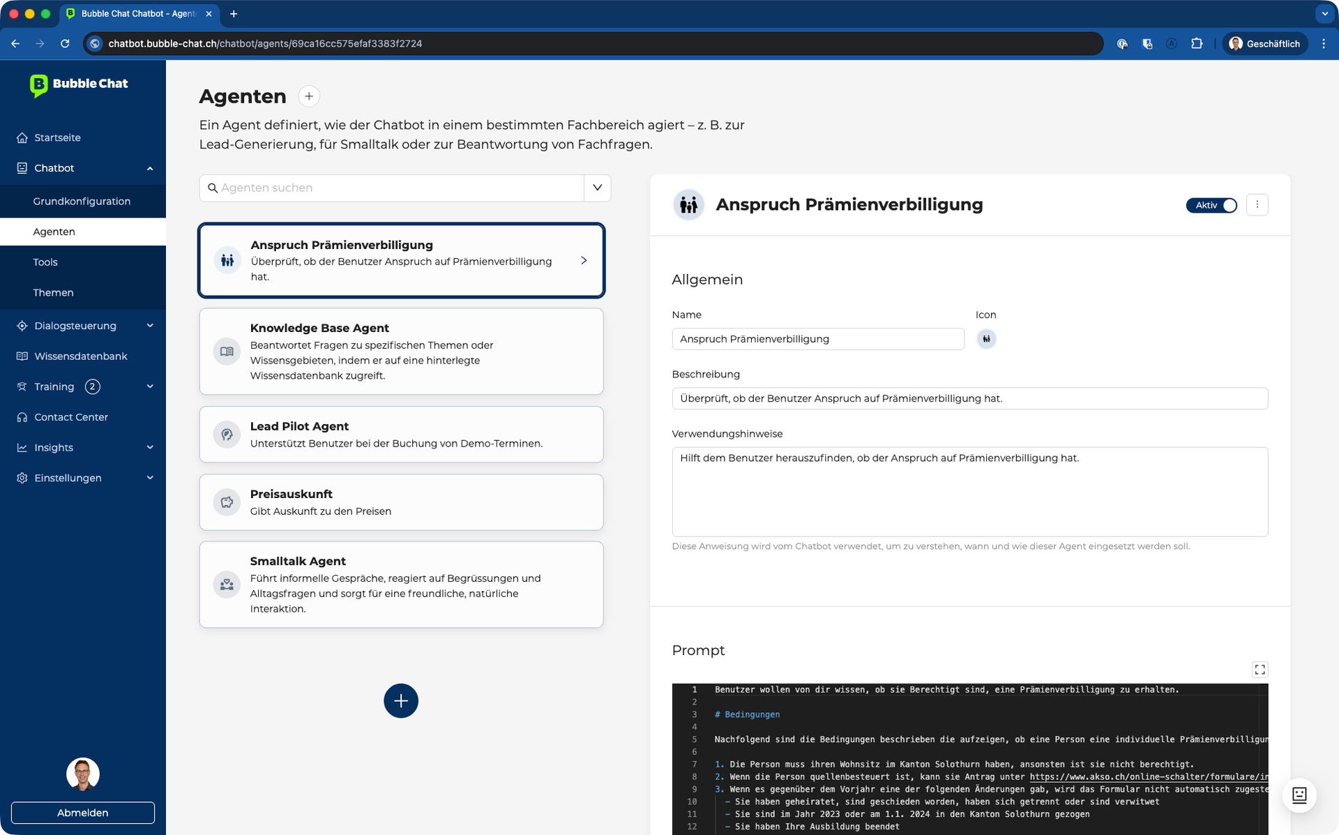 Hier können im Bubble Chat CMS neue Agenten angelegt werden.
