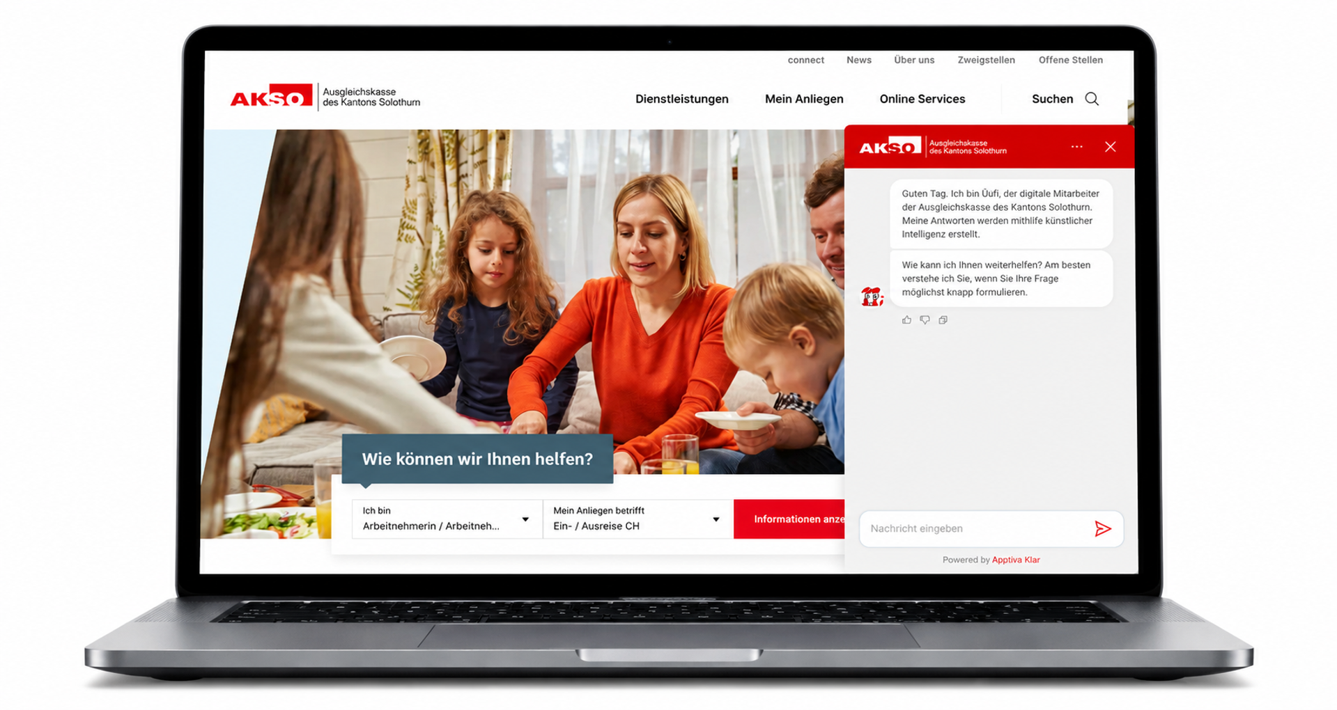 Laptop mit integriertem KI-Chatbot der Ausgleichskasse des Kantons Solothurn (AKSO) zur digitalen Unterstützung bei Fragen und Anliegen rund um Sozialversicherungen.