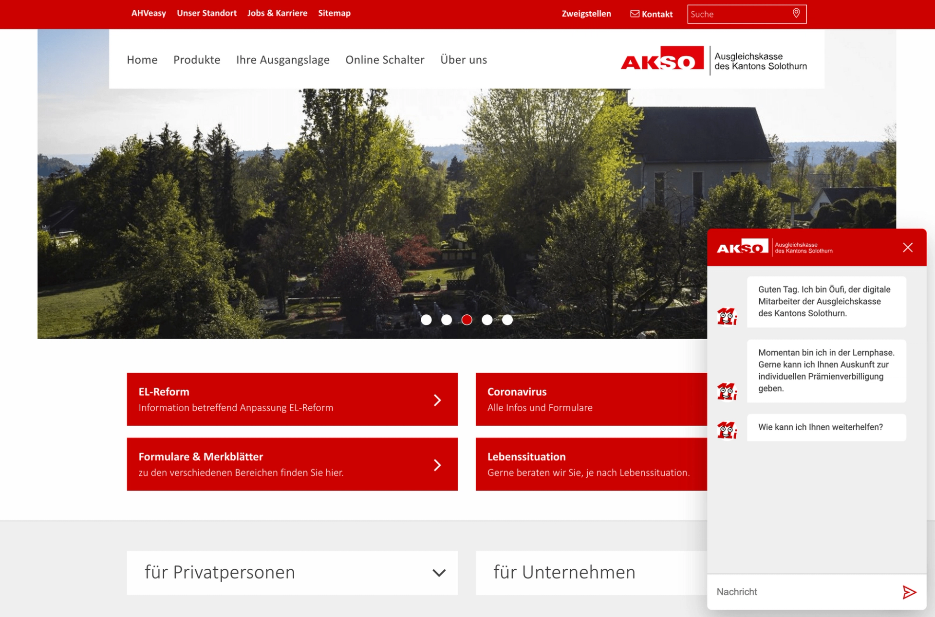 Hier sieht man den Chatbot der Ausgleichskasse Solothurn, entwickelt von der Apptiva AG. 