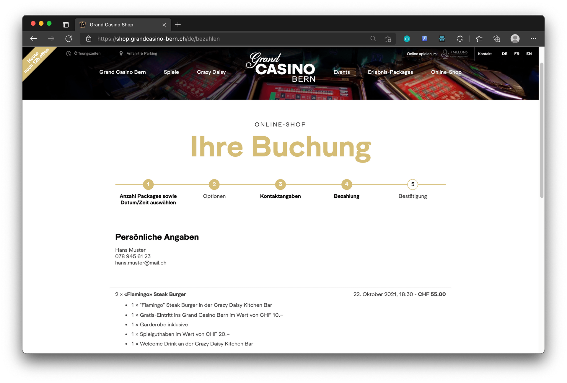 Hier sieht man den Produktkonfigurator vom Grand Casino Bern.