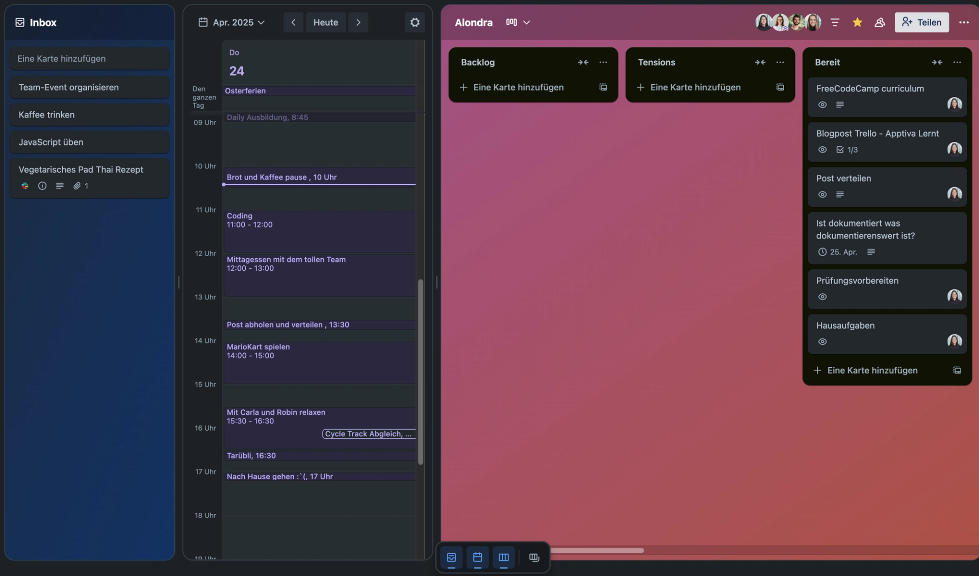Inbox, Planner und mein Board direkt und schnell auf einem Blick. 