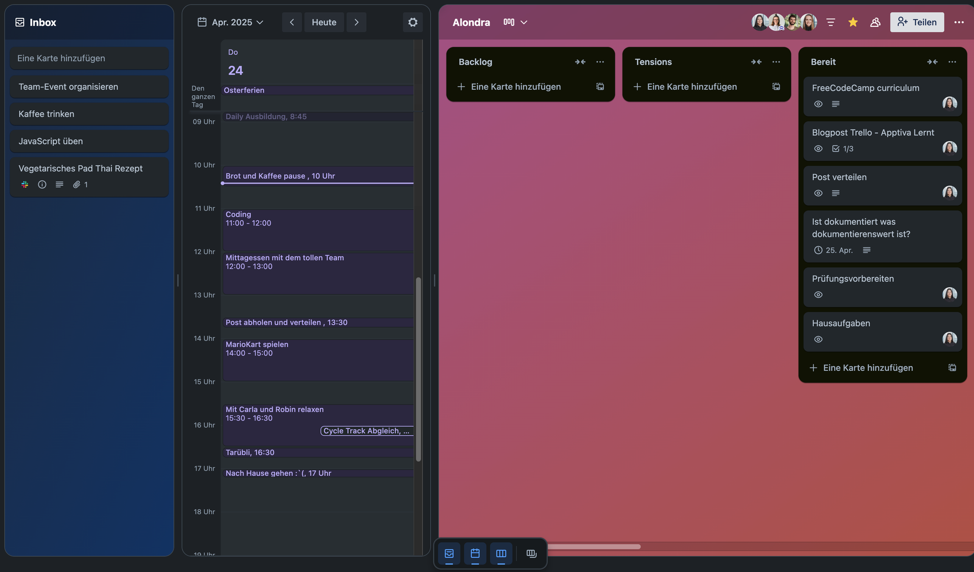 Inbox, Planner und mein Board direkt und schnell auf einem Blick.