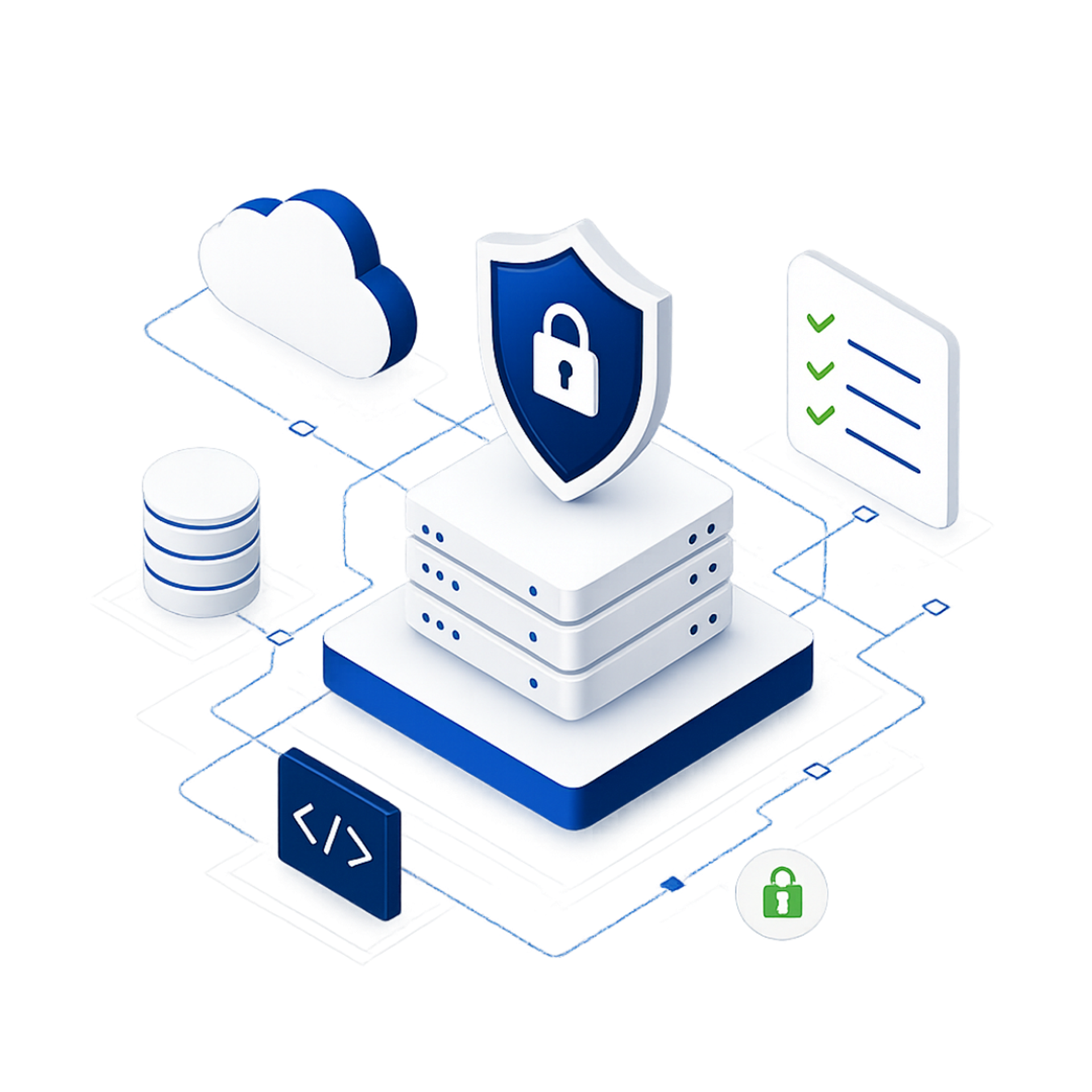 Moderne Tech-Illustration mit Servern, Cloud, Sicherheitsschild und Netzwerkarchitektur in Blau-Weiss. Visualisiert Hosting, Datenschutz, Infrastruktur und IT-Sicherheit für Enterprise-Webseiten.