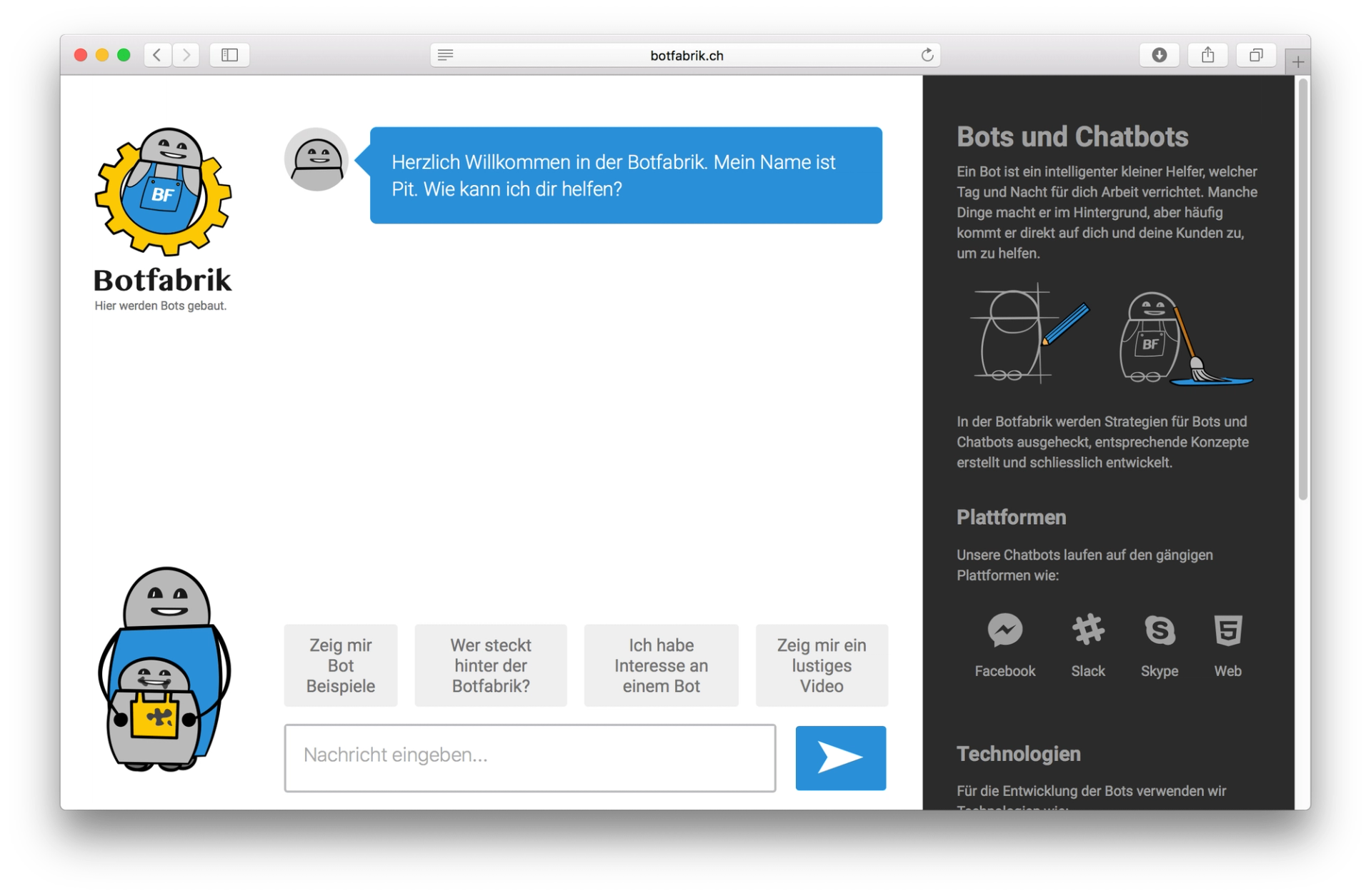 Erste Version von unserer Webseite aus dem 2016 um Chatbot-Entwicklung und Chatbots anzubieten. Damals war der Chatbot noch im Zentrum der Webseite. 
