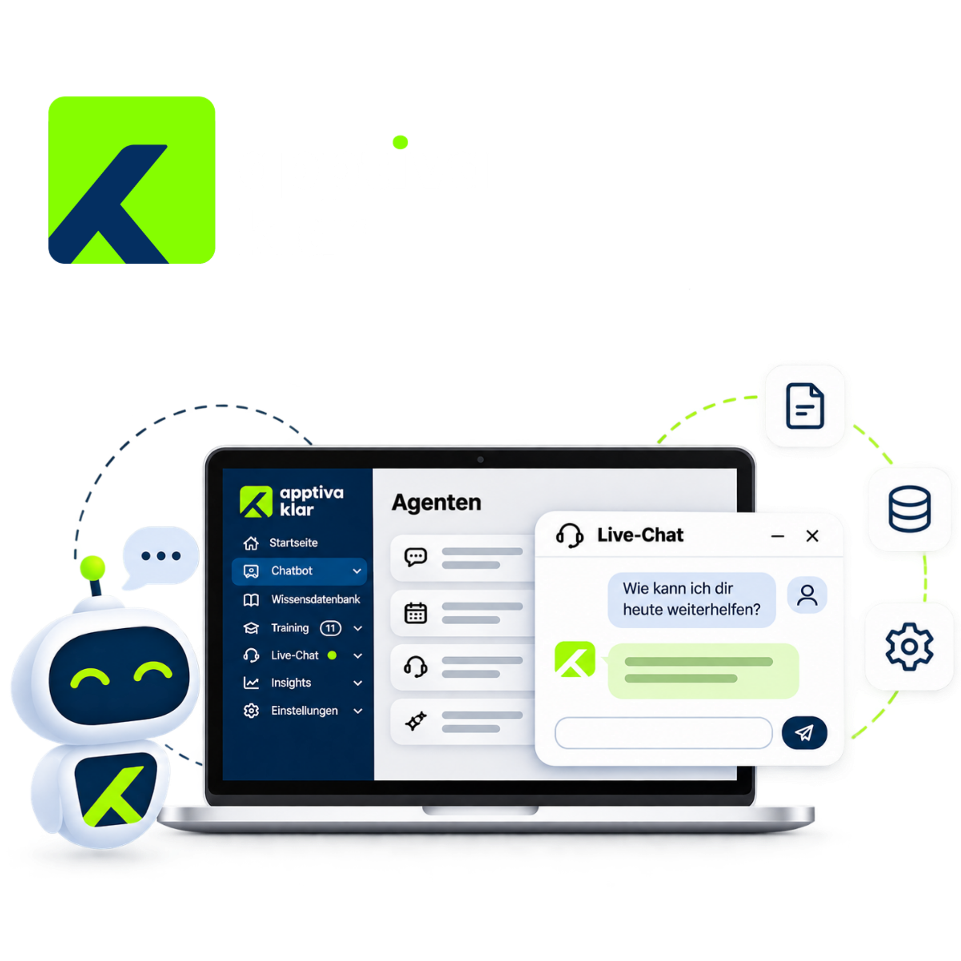 Apptiva Klar ist eine Schweizer KI-Plattform für intelligente Chatbots, Wissensmanagement und automatisierte Prozesse. Das Key Visual zeigt den Apptiva-Klar-Assistenten mit Chat, Agenten, Wissensdatenbank und Schnittstellen zu digitalen Systemen.