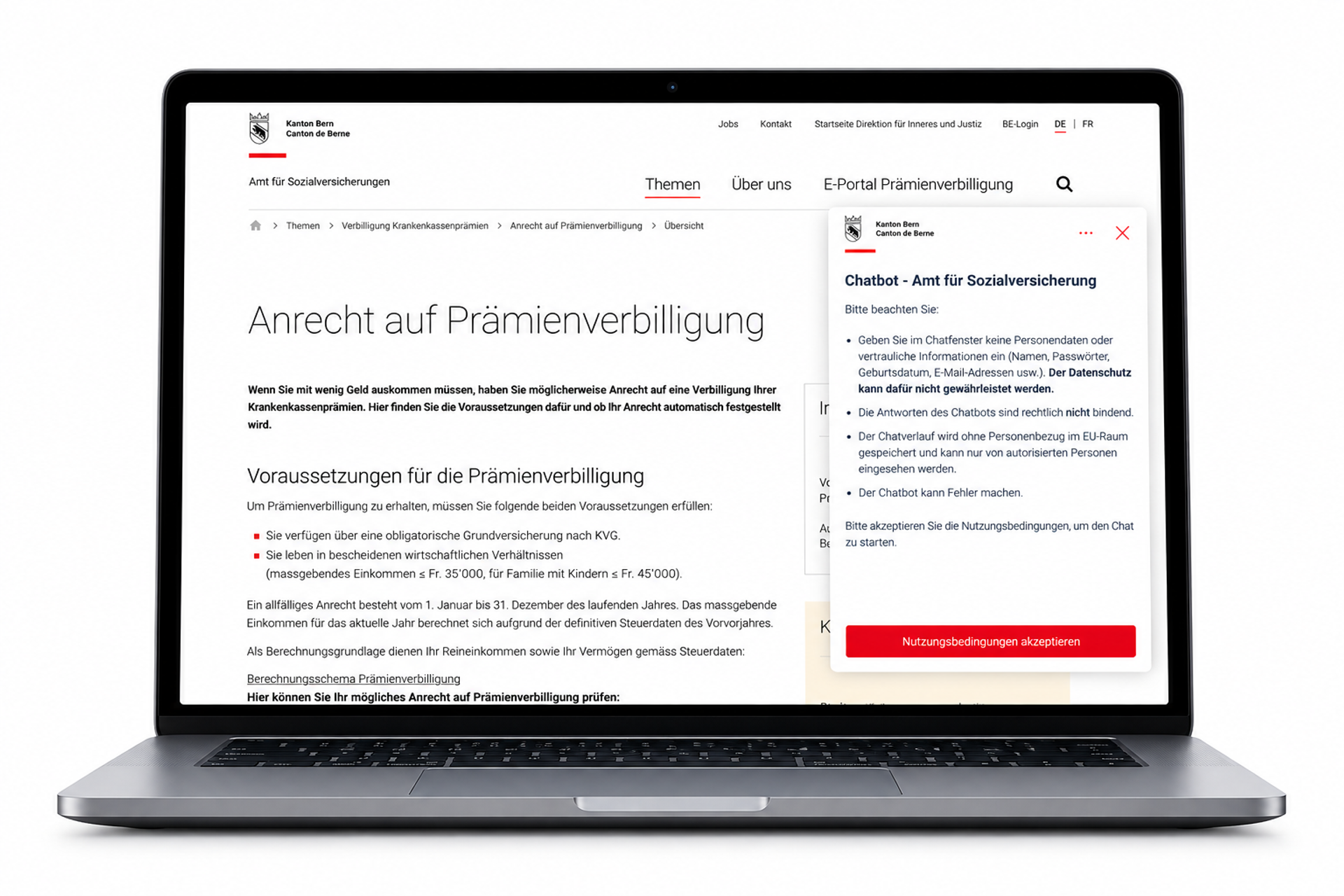 Laptop-Mockup mit Chatbot des Amts für Sozialversicherungen des Kantons Bern auf der Webseite zur Prämienverbilligung.