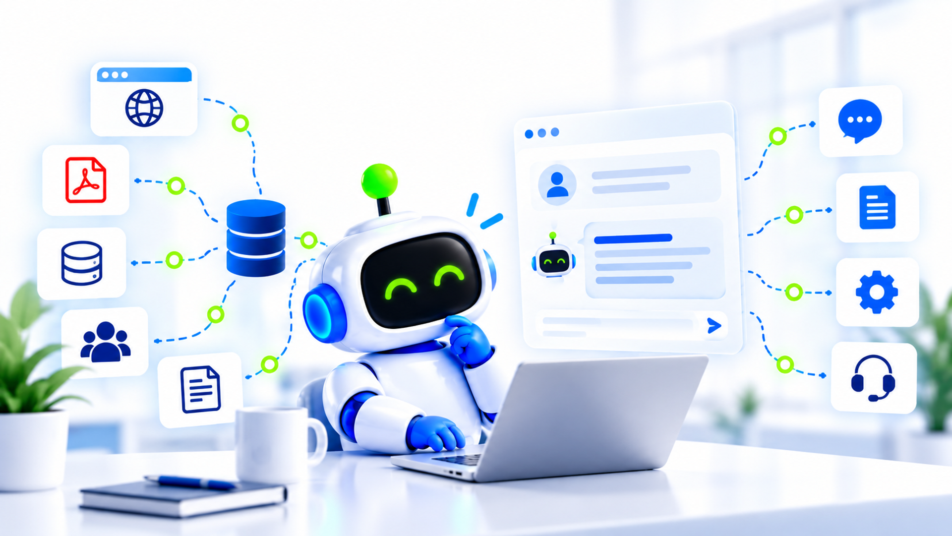 3D-Illustration eines modernen AI Chatbots mit freundlichem KI-Roboter am Laptop, verbunden mit Webseiten, PDFs, Wissensdatenbanken und weiteren Informationsquellen. Die Darstellung zeigt, wie ein KI-Chatbot Wissen verarbeitet, Fragen beantwortet und Prozesse unterstützt.