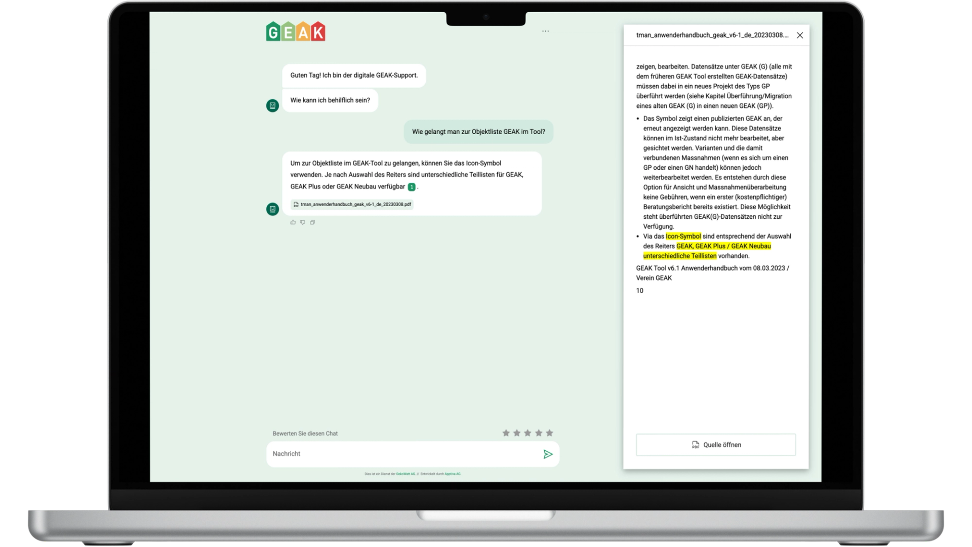 Oekowatt Chatbot in der Vollbildansicht inklusive effektiver Quellenübersicht.