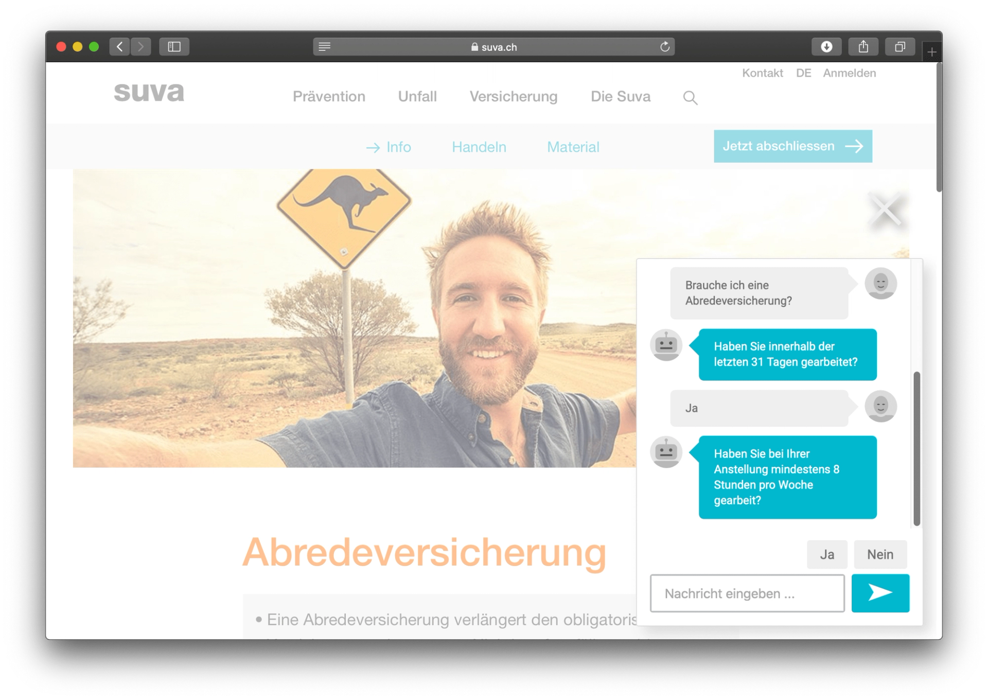 Chatbot für die Suva im Bereich "Abredeversicherung". Dies waren nicht unsere ersten Schritte im Bereich der Versicherungs-Chatbots, wenn wir haben bereits eine Chatbot für die Sanagate entwickelt. 