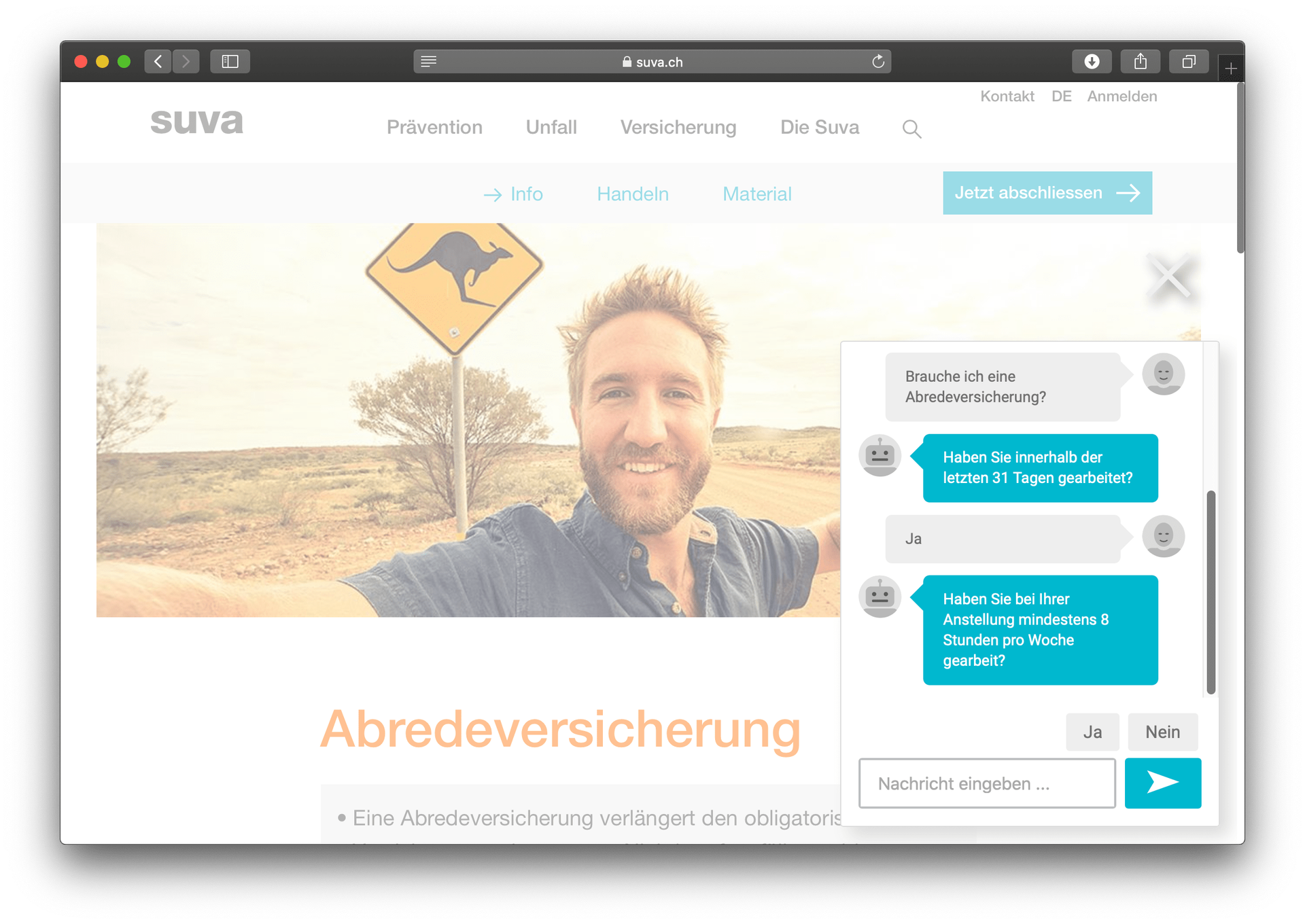Chatbot für die Suva im Bereich "Abredeversicherung". Dies waren nicht unsere ersten Schritte im Bereich der Versicherungs-Chatbots, wenn wir haben bereits eine Chatbot für die Sanagate entwickelt.