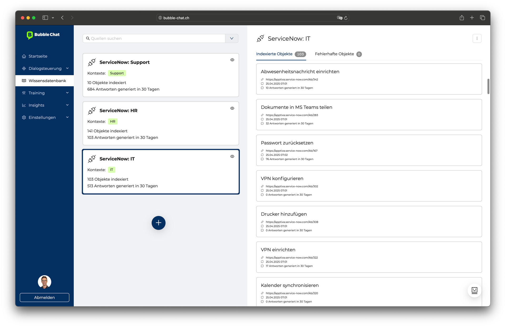 Mit unserer Standard-Schnittstelle zu ServiceNow lassen sich Inhalte aus dem dortigen Knowledge Management direkt und automatisiert im Chatbot verfügbar machen.